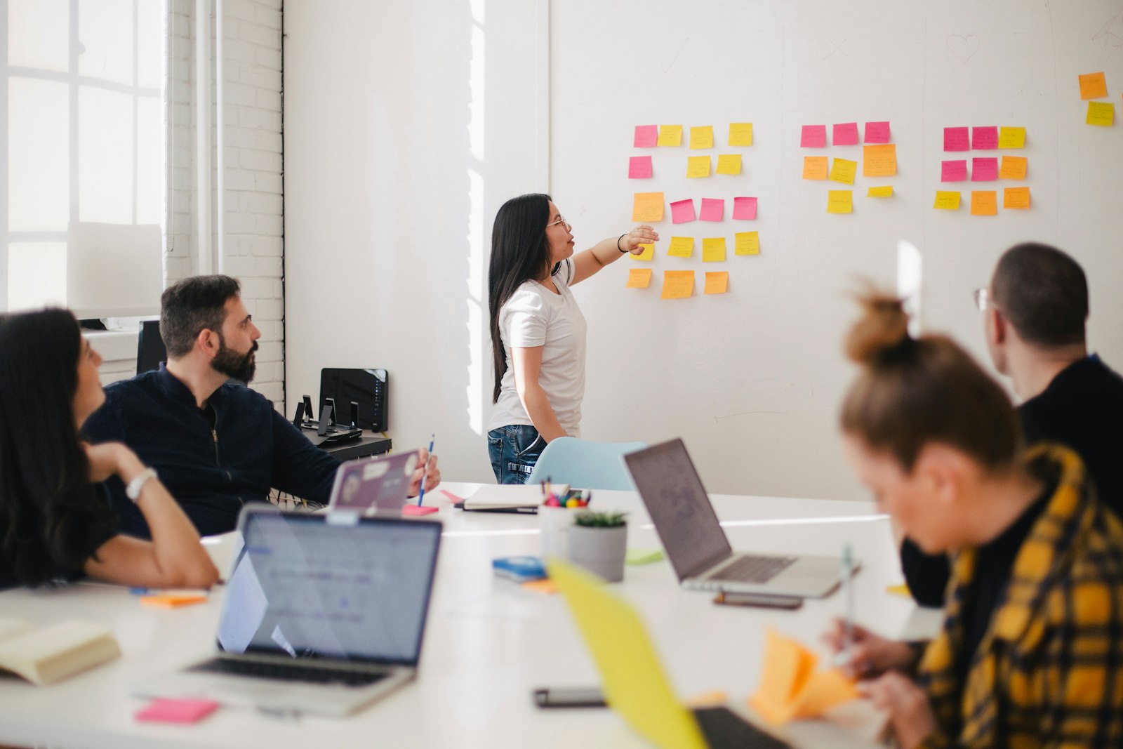 A team planning a project on a whiteboard